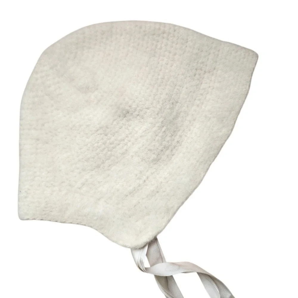VINTAGE 60s Cream Angora Blend Baby Bonnet with Satin Ribbon Ties Toddler‎
